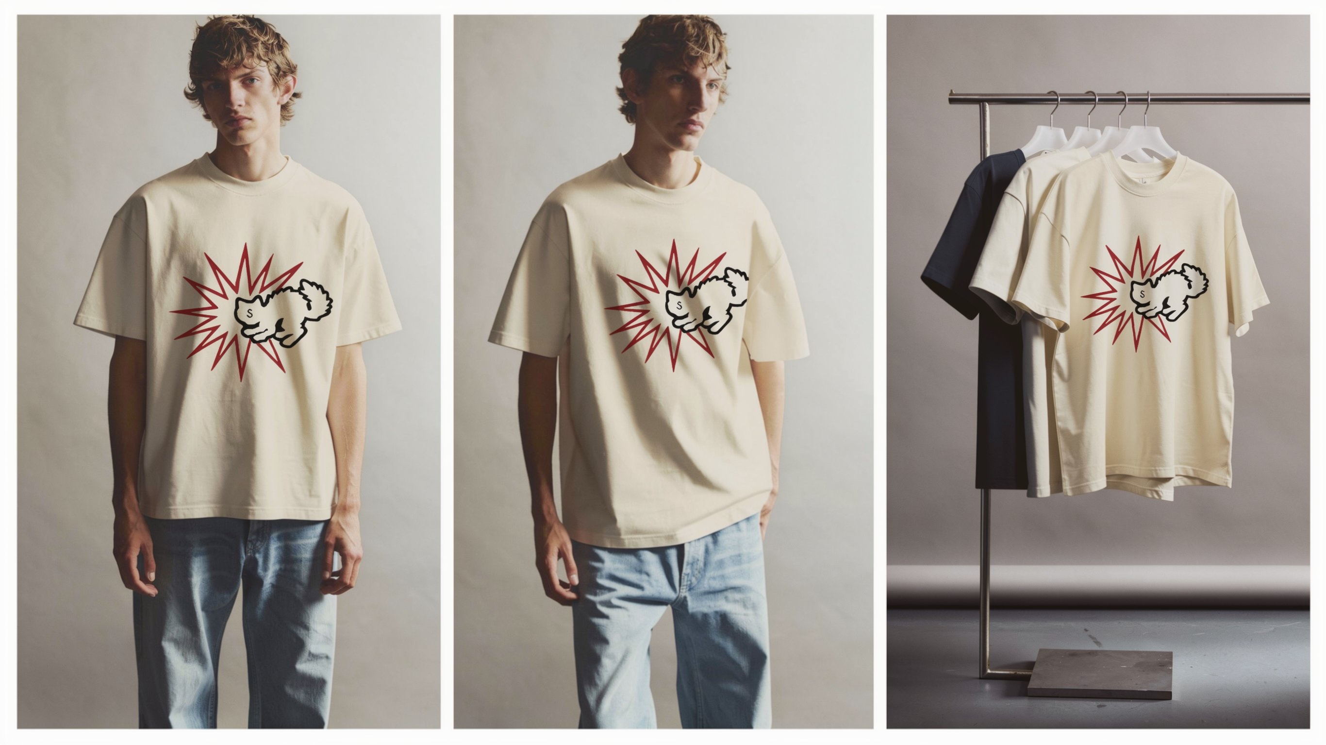 Model in het T-shirt met sterprint naast een rek met T-shirts